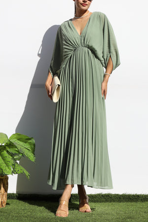 DD6163, PLEATED V NECK LOOSE FIT MIDI DRESS