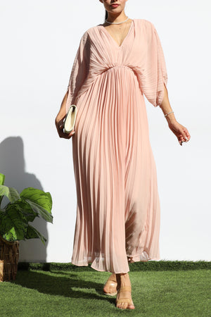 DD6163, PLEATED V NECK LOOSE FIT MIDI DRESS