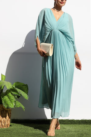 DD6163, PLEATED V NECK LOOSE FIT MIDI DRESS