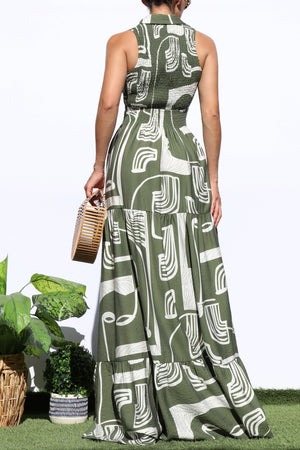 DD8184, PRINTED SMOCKED TOP MAXI DRESS