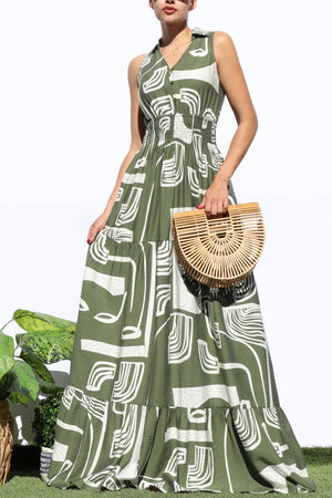 DD8184, PRINTED SMOCKED TOP MAXI DRESS