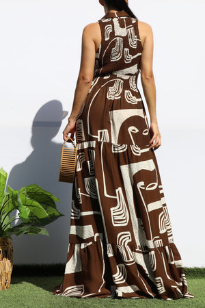 DD8184, PRINTED SMOCKED TOP MAXI DRESS