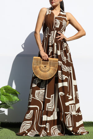 DD8184, PRINTED SMOCKED TOP MAXI DRESS