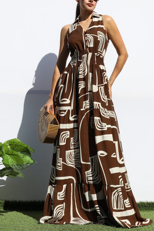 DD8184, PRINTED SMOCKED TOP MAXI DRESS