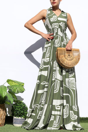 DD8184, PRINTED SMOCKED TOP MAXI DRESS