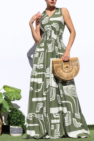 DD8184, PRINTED SMOCKED TOP MAXI DRESS