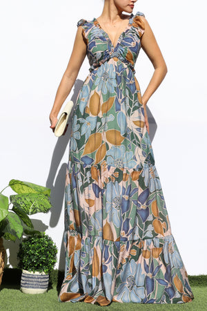 DD7950, FLORAL V NECK TIERED MAXI DRESS