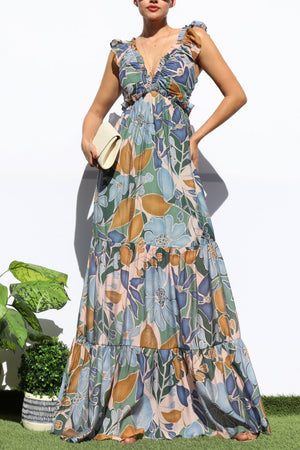 DD7950, FLORAL V NECK TIERED MAXI DRESS