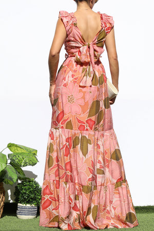 DD7950, FLORAL V NECK TIERED MAXI DRESS