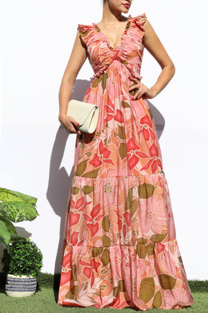 DD7950, FLORAL V NECK TIERED MAXI DRESS