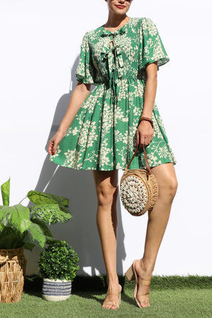 DD7428, PRINTED SMOCKED TOP MINI DRESS