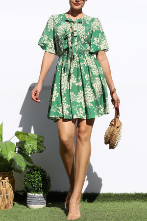 DD7428, PRINTED SMOCKED TOP MINI DRESS