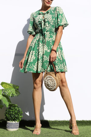 DD7428, PRINTED SMOCKED TOP MINI DRESS