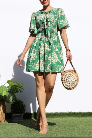 DD7428, PRINTED SMOCKED TOP MINI DRESS