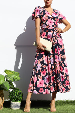 DD6330, PRINTED V NECK MIDI DRESS