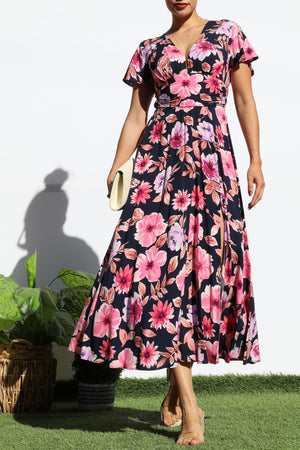 DD6330, PRINTED V NECK MIDI DRESS