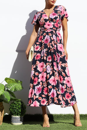 DD6330, PRINTED V NECK MIDI DRESS