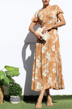 DD6330, PRINTED V NECK MIDI DRESS