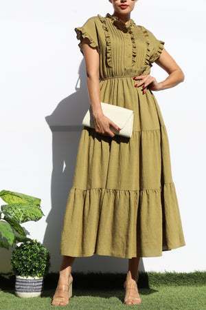 DD7920, RUFFLED LOOSE FIT TIERED MIDI DRESS
