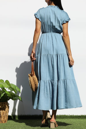 DD7920, RUFFLED LOOSE FIT TIERED MIDI DRESS