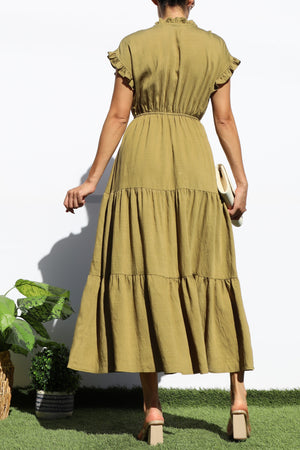DD7920, RUFFLED LOOSE FIT TIERED MIDI DRESS