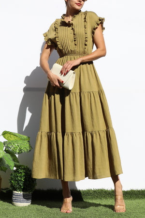 DD7920, RUFFLED LOOSE FIT TIERED MIDI DRESS