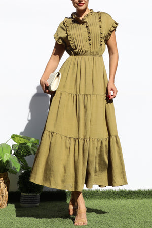 DD7920, RUFFLED LOOSE FIT TIERED MIDI DRESS