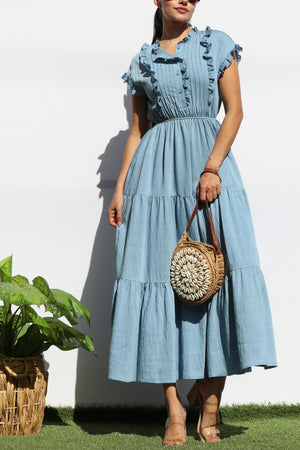 DD7920, RUFFLED LOOSE FIT TIERED MIDI DRESS