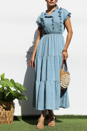 DD7920, RUFFLED LOOSE FIT TIERED MIDI DRESS