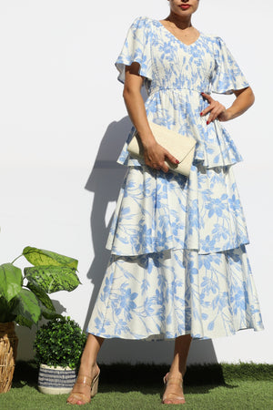 DD8149, SMOCKED TOP RUFFLE TIERED MIDI DRESSES