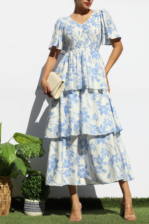 DD8149, SMOCKED TOP RUFFLE TIERED MIDI DRESSES