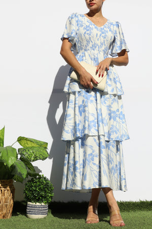 DD8149, SMOCKED TOP RUFFLE TIERED MIDI DRESSES