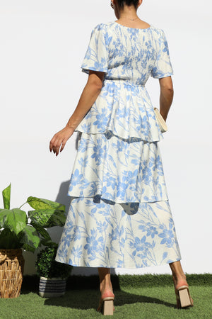 DD8149, SMOCKED TOP RUFFLE TIERED MIDI DRESSES