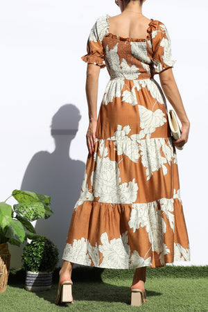 DD7964, FLORAL SMOCKED TOP TIERED MIDI DRESS