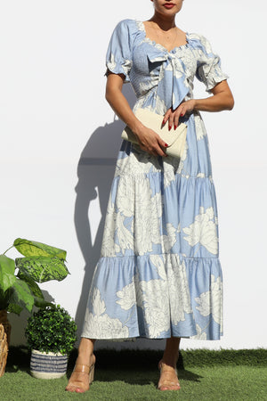 DD7964, FLORAL SMOCKED TOP TIERED MIDI DRESS