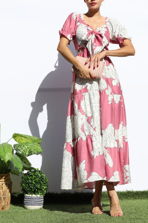 DD7964, FLORAL SMOCKED TOP TIERED MIDI DRESS
