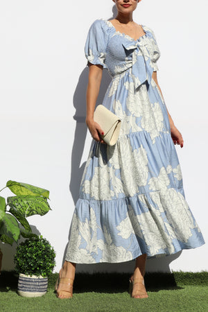 DD7964, FLORAL SMOCKED TOP TIERED MIDI DRESS