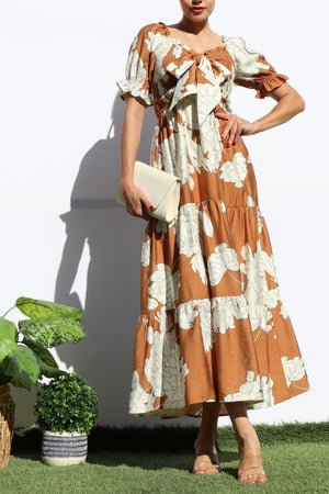 DD7964, FLORAL SMOCKED TOP TIERED MIDI DRESS