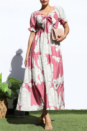 DD7964, FLORAL SMOCKED TOP TIERED MIDI DRESS