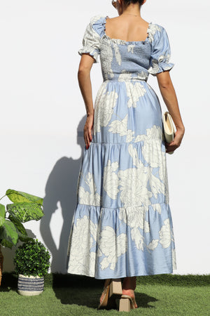 DD7964, FLORAL SMOCKED TOP TIERED MIDI DRESS