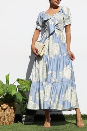 DD7964, FLORAL SMOCKED TOP TIERED MIDI DRESS