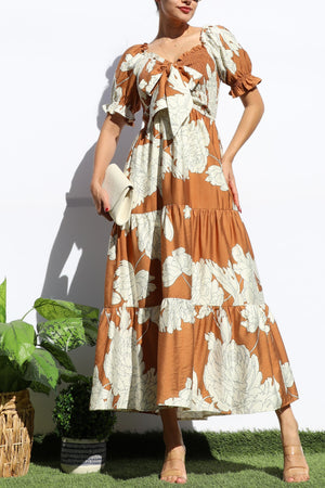 DD7964, FLORAL SMOCKED TOP TIERED MIDI DRESS