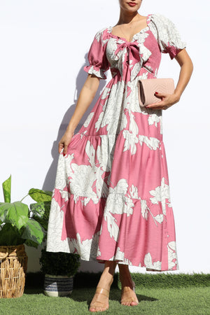 DD7964, FLORAL SMOCKED TOP TIERED MIDI DRESS