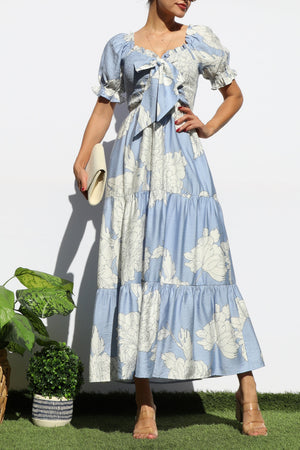 DD7964, FLORAL SMOCKED TOP TIERED MIDI DRESS