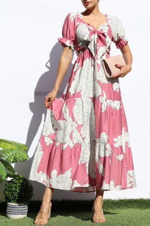 DD7964, FLORAL SMOCKED TOP TIERED MIDI DRESS