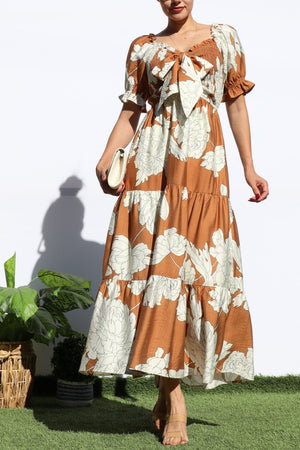 DD7964, FLORAL SMOCKED TOP TIERED MIDI DRESS