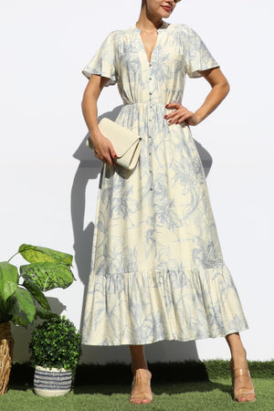 DD8154, PRINTED V NECK MIDI DRESS