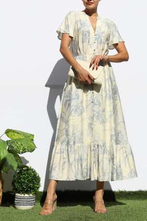 DD8154, PRINTED V NECK MIDI DRESS