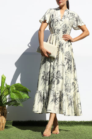 DD8154, PRINTED V NECK MIDI DRESS