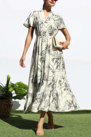 DD8154, PRINTED V NECK MIDI DRESS